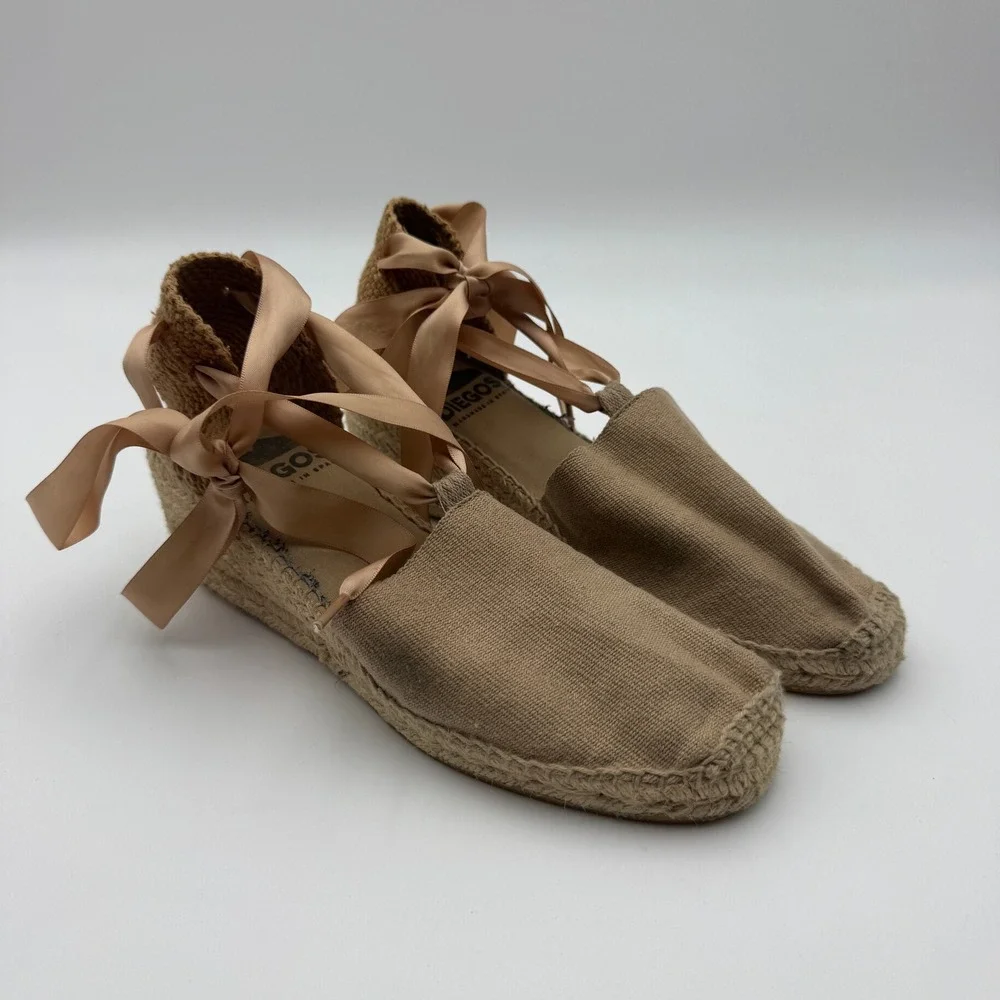 Diegos Classic Low Wedge Linen Lola Espadrilles Tan Lace Up Spain Womens 39